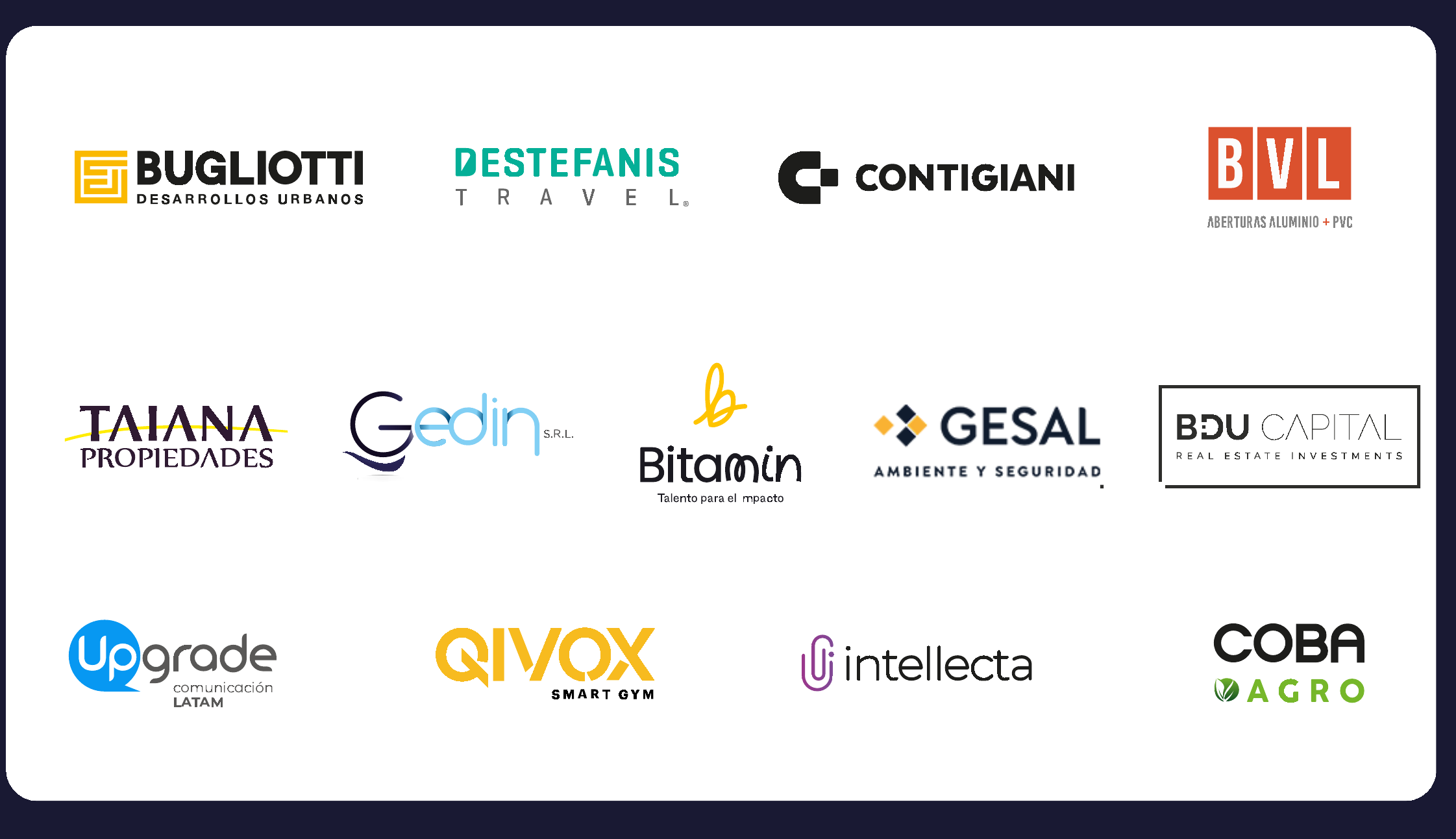 Logos de marcas clientes: Bugliotti Desarrollos Urbanos, Destefanis Travel, Contigiani, BVL Aberturas, Taiana Propiedades, Gedin, Bitamin, Gesal, BDU Capital, Upgrade Comunicación, Qivox Smart Gym, Intellecta, Coba Agro